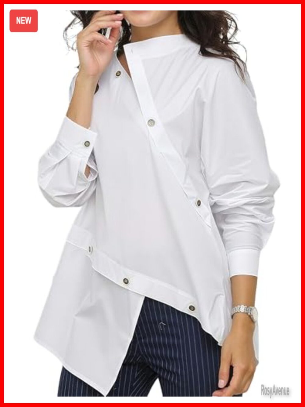 Asymmetric Split-Front Button-Down Blouse Long Sleeve Cotton Work Top